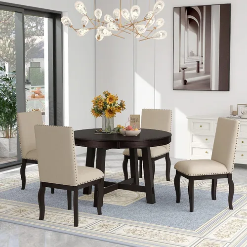 Miniatura 28 de Harper & Bright Designs Juego de comedor de 5 piezas, mesa clásica elegante y 4 sillas en color espresso y beige