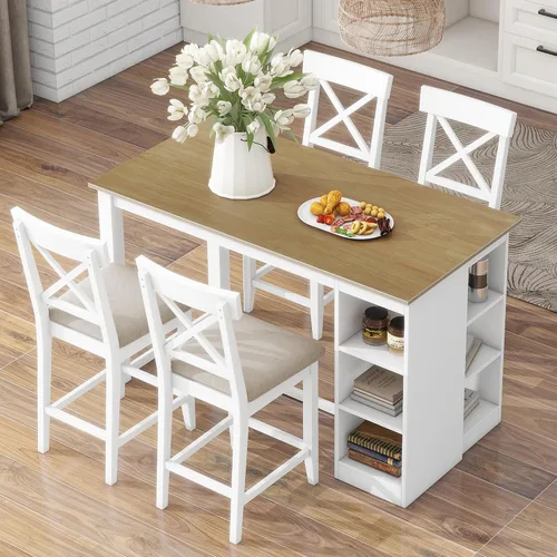Miniatura 13 de Mid-Century - Juego de comedor de 5 piezas, altura de mostrador, mesa consola de madera con patas de caballete y 4 taburetes para lugares pequeños