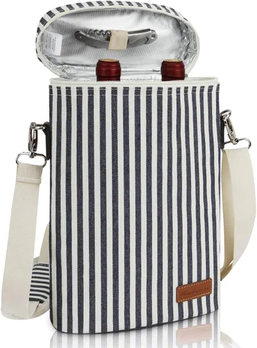 Bolsa para 2 Botellas de Vino, Azul Oscuro, Capacidad de 750 mL, Material de Poliéster, Con Correa para el Hombro y Sacacorchos