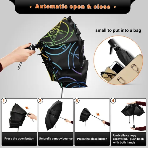 Miniatura 5 de UV Blocking Automatic Open Umbrella Baphomet-satanic-goat-gay-rainbow Portable Travel Folding Umbrellas with Cover Bag