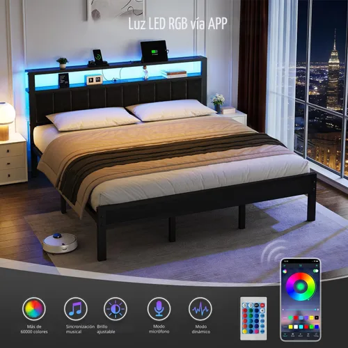 Miniatura 5 de OLEVS Base de cama King con estación de carga y luces LED, cama de plataforma moderna con cabecera de almacenamiento tapizada, no necesita somier