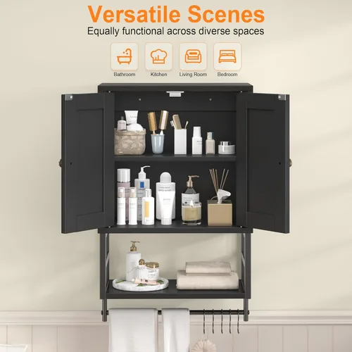 Miniatura 4 de Gabinete de Medicina de Granja - Organizador de Almacenamiento de 3 Niveles Montado en Pared con Estantes Ajustables, Barra para Toallas, 5 Ganchos