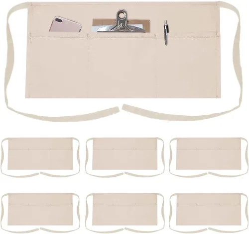 TOPTIE Paquete de 6 delantales de cintura para camarera bistró con 3 bolsillos, mitad delantal de cocina de restaurante, 24 pulgadas de ancho x 12