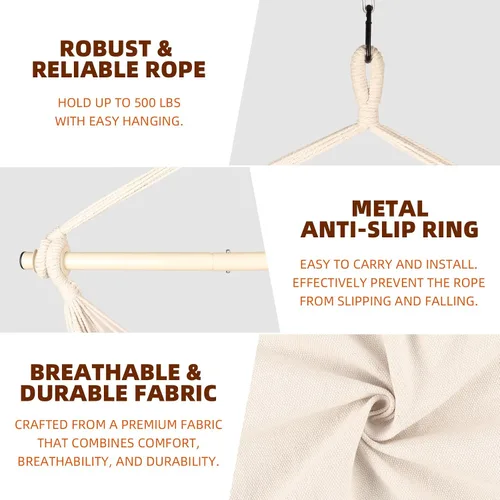 Miniatura 5 de Silla hamaca colgante con cuerda – Máximo 500 libras – 2 cojines y 1 almohada para el cuello incluida – Barra separadora de acero resistente