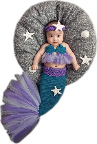 Miniatura 6 de Accesorios de fotografía para recién nacidos, diadema de estrella, brasier y cola de sirena para sesión de fotos de bebé (azul oscuro)