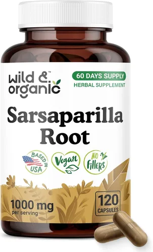 Wild & Organic Cápsulas de raíz de zarzaparrilla de 1000 mg - Apoyo para la piel y la desintoxicación - Suplemento vegano de polvo de zarzaparrilla