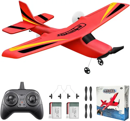 HAWK'S WORK Avión RC de 2 canales, avión RC listo para volar, avión de control remoto de 2.4 GHz, planeador RC fácil de volar para niños y Rojo