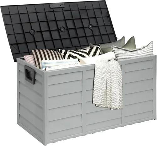 Miniatura 10 de SUNCROWN Caja de almacenamiento para cubierta de 75 galones, contenedor de almacenamiento al aire libre de resina con asas para patio, jardín, Negro