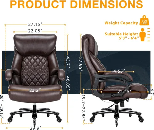 Miniatura 2 de Silla de oficina grande y alta para personas de gran tamaño, 500 libras de capacidad, respaldo alto, extra ancha, resistente, silla de oficina Marrón