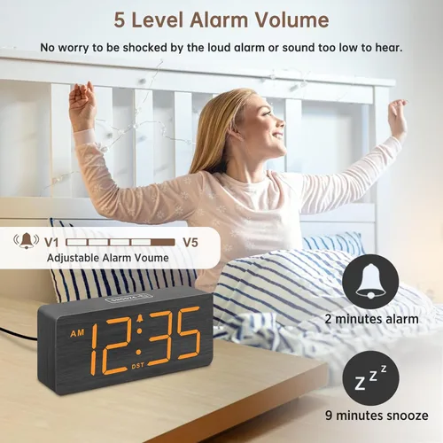 Miniatura 3 de DreamSky Reloj despertador digital de madera para dormitorio, reloj despertador fuerte para personas que duermen mucho con control de volumen
