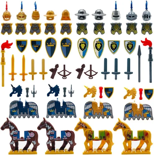 Miutrue Accesorios de armas medievales, juguete de bloques de caballeros con figuras (10 juegos de armas y 4 juegos de caballos y 10 figuras)