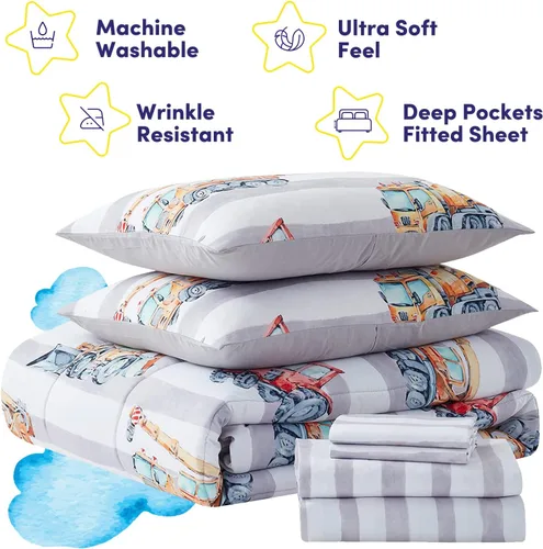 Miniatura 5 de Juego de ropa de cama para niños en una bolsa para niños y niñas, con juego de sábanas impresas y edredón, tamaño completo, camiones