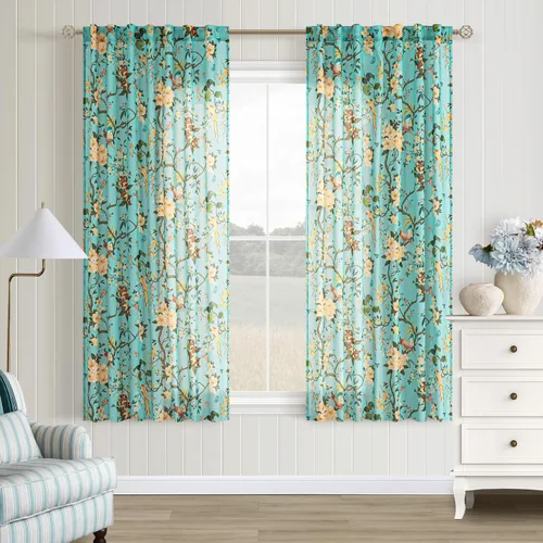 Cortinas de lino florales azules y amarillas, estilo vintage, bohemio, de 63 pulgadas, 2 paneles con pestaña trasera para sala de estar, patrón de