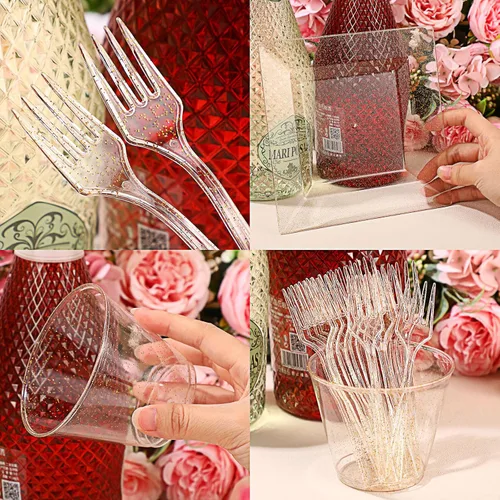 Miniatura 4 de Mifoci Juego de 300 platos de plástico con purpurina dorada para bodas, fiestas, 100 platos de postre de 6.5 pulgadas con 100 tenedores y 100 tazas