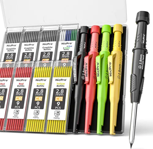 Miniatura 8 de Nicpro Paquete de 2 lápices de carpintero con sacapuntas, lápices de carpintero mecánicos CP3000 con 38 repuestos, lápiz de construcción resistente