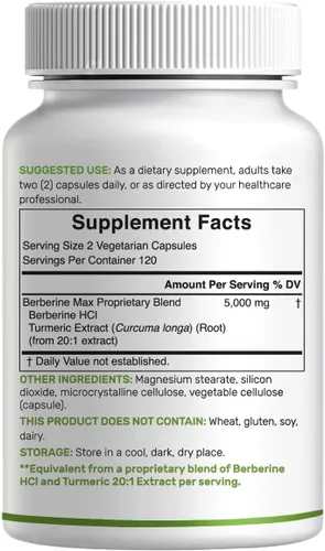 Miniatura 6 de DEAL SUPPLEMENT Berberine Max Suplemento con cúrcuma, 5,000 mg por porción, 240 cápsulas vegetales – 97% HCl de berberina pura – Extracto de raíz