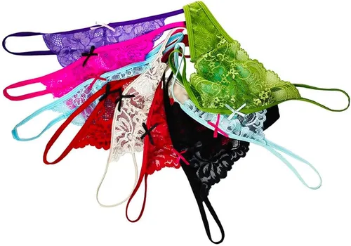 Miniatura 5 de Paquete de 6 tangas de encaje para mujer, ropa interior sexy con patrón de encaje y colores surtidos