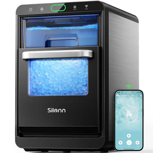 Miniatura 15 de Silonn Nugget Máquinas de Hielo para Encimera, Temporizador Máquina de Hielo de Guijarros con Hielo Suave Masticable, Máquina de Hielo de 44 libras