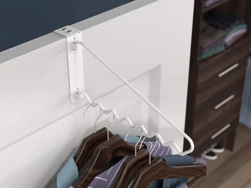 Miniatura 7 de ClosetMaid Barra de valet colgante para instalación en pared o puerta, accesorios incluidos, diseño plegable, acero duradero, color blanco
