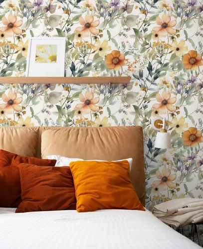 Miniatura 3 de Guvana Papel tapiz floral de 78.7"×16.14" amarillo/naranja despegar y pegar, papel de contacto floral bohemio, papel de pared removible