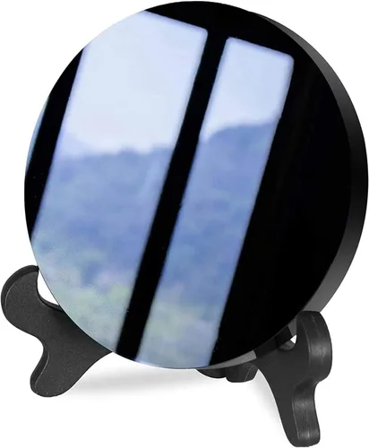 Espejo de Adivinación de Obsidiana Negra, Espejo Circular de Obsidiana Negra Feng Shui con Soporte, Artesanías para Decoración de Escritorio (18 cm)