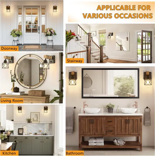 Miniatura 6 de FadimiKoo Juego de dos apliques de pared regulables, lámpara de pared para mesita de noche con interruptor giratorio, luminarias de baño de madera