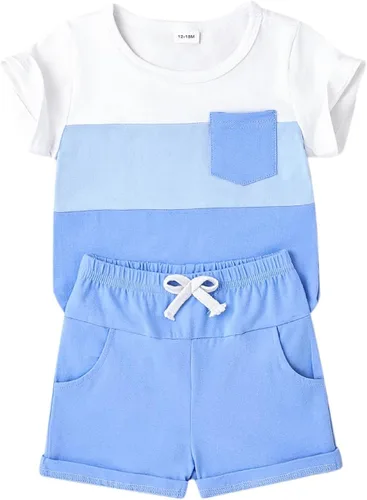 Miniatura 89 de Ropa para bebé niño pequeño, trajes de verano de manga corta, camiseta de retazos y pantalón con bolsillo, conjunto de 2 piezas, 12 meses a 4 años