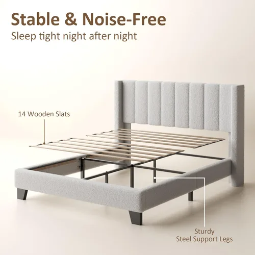 Miniatura 6 de Marco de Cama Queen con Cabecero Tapizado Marco de Cama de Plataforma con Cabecero de Terciopelo Teddy, Soporte de Listones de Madera/Diseño de Gris