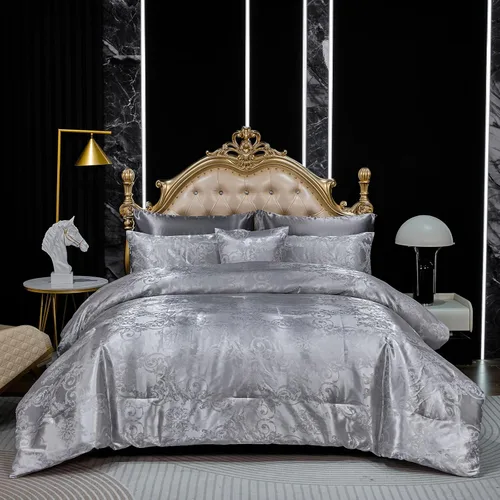 Juego de edredón jacquard tamaño Queen con juego de sábanas, juego de ropa de cama gris, 8 piezas bordadas con patrón floral neoclásico, decoración
