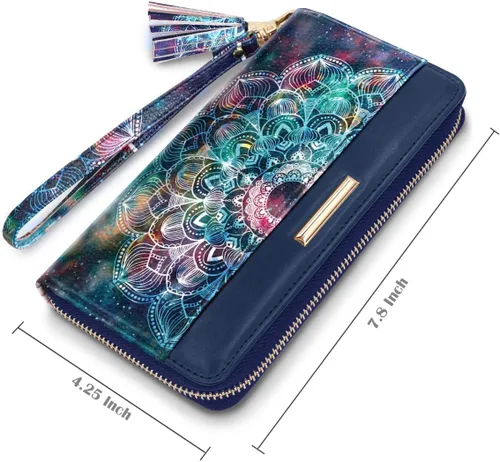 Miniatura 2 de Carteras para mujer, de piel sintética, tarjetero organizador con borla y correa de muñeca, Mándala, Casual