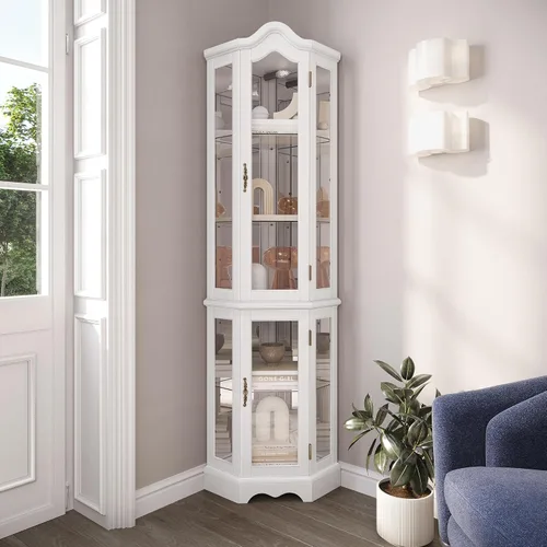 Miniatura 9 de BELLEZE Gabinete Curio iluminado de vidrio de 3 lados con puertas y estantes de vidrio templado, gabinete esquinero de madera curva con bombilla
