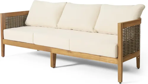 Miniatura 6 de Merax Sofá de mimbre de madera de acacia al aire libre de 76.5 pulgadas, sofá de 3 plazas para patio trasero