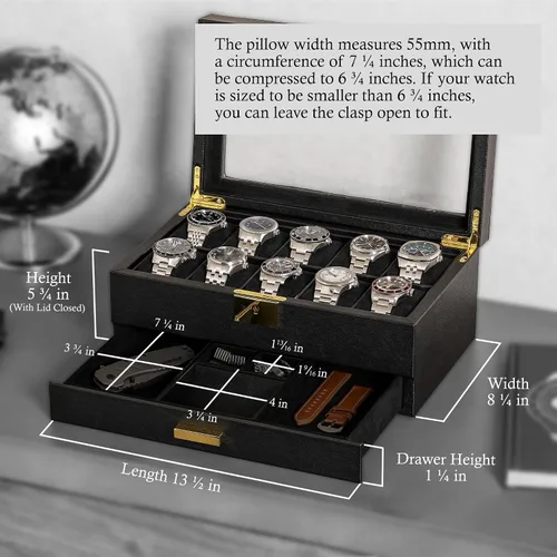 Miniatura 10 de ROTHWELL Caja de reloj de cuero de 10 ranuras con cajón de valet, organizador de exhibición de lujo con forro de microgamuza ultrasuave, soporte