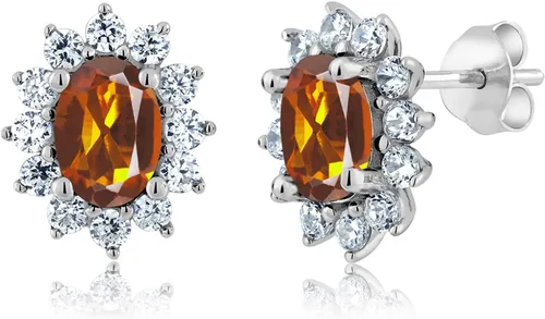 Miniatura 98 de Gem Stone King Aretes ovalados de plata de ley 925 de 0.276 x 0.197 in con piedra natal de la princesa Diana, estilo halo real para mujeres