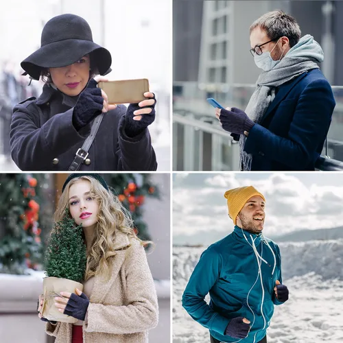 Miniatura 7 de Guantes sin dedos para invierno, cálidos, de punto, elásticos, de medio dedo, para correr, conducir, ciclismo, trabajo para hombres y mujeres