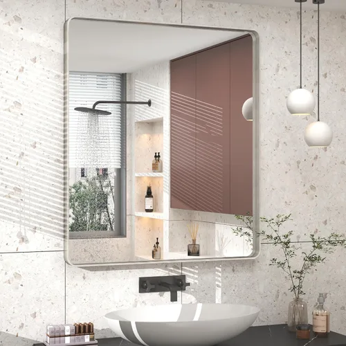 Miniatura 14 de Paquete de 2 espejos de baño con marco de metal negro de 22 x 30 pulgadas, espejo rectangular redondeado negro mate, antioxidante, se cuelga