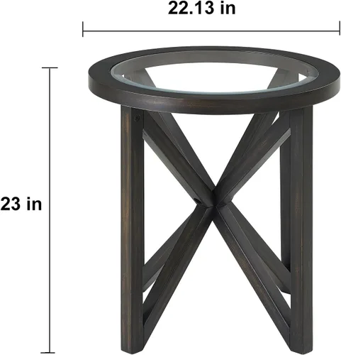 Miniatura 3 de Mesa auxiliar redonda de 22.1 pulgadas, mesa auxiliar moderna con parte superior de vidrio templado y base de madera maciza para espacios pequeños