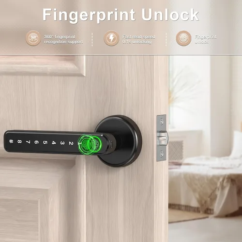 Miniatura 2 de IRONZON - Cerradura de puerta por huella dactilar, perilla con mango y teclado, cerradura de puerta sin llave con manija, para hogar, hotel