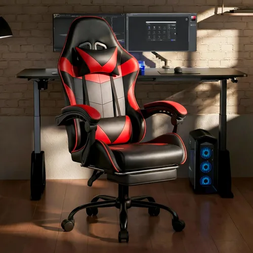 Miniatura 9 de Silla de juegos, silla ergonómica para computadora con reposapiés y soporte lumbar, silla de oficina de altura ajustable con asiento giratorio