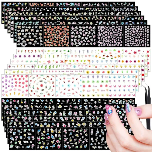 Miniatura 7 de Blulu 5000 calcomanías para uñas de flores, 100 hojas de calcomanías autoadhesivas 3D, calcomanías de múltiples diseños, calcomanías de manicura