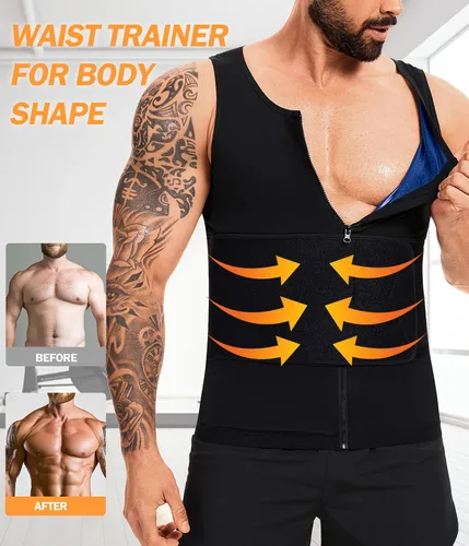 Miniatura 4 de Chaleco de sauna para hombre para entrenamiento de cintura, camisa de sauna para hombre, con cremallera, cinturón de sudor, camiseta sin mangas
