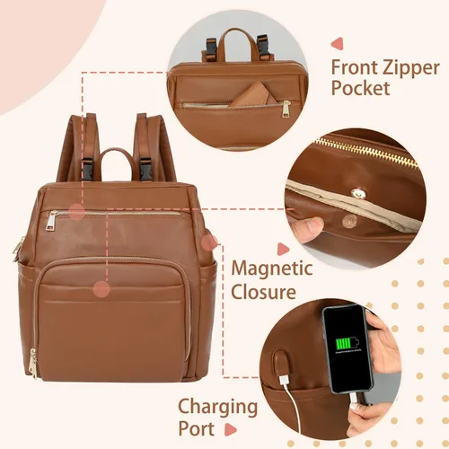 Miniatura 3 de Omanmoli Mochila de cuero grande para pañales con 18 bolsillos organizadores, 6 bolsillos aislados, puerto de carga USB, correas para cochecito