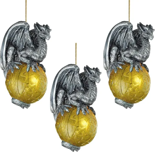Miniatura 29 de Design Toscano - Juego de adornos de 3 dragones de Amesbury montados en piedras preciosas, color plateado, Navidad