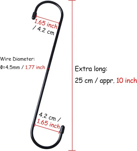 Miniatura 2 de YourGift Paquete de 6 ganchos en S extralargos y resistentes de 10 pulgadas para plantas colgantes, armario, flores, canastas, jardín, patio, Negro