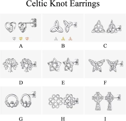 Miniatura 8 de ChicSilver Aretes de nudo celta hipoalergénicos de plata de ley 925 con forma de corazónnudo triangular, joyería celta para mujer, plataorooro rosa