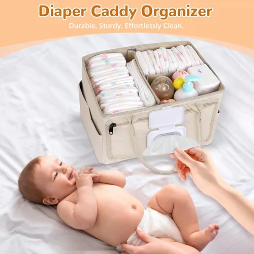 Miniatura 6 de Volnamal Organizador de pañales con dispensador de toallitas con acceso con una sola mano, organizador de pañales de alta calidad, organizador Beige