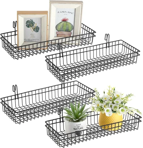 Miniatura 8 de Blulu 4 cestas de pared de rejilla de metal de 15.75 x 3.94 x 1.97 pulgadas con ganchos, estantes de pared, cesta de alambre colgante, organizador