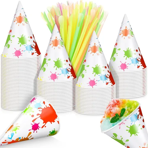 Miniatura 10 de Boao Juego de 100 tazas de cono de nieve de 4.5 onzas y pajitas de papel desechables, jarabe, lunares dorados, a prueba de fugas, suministros