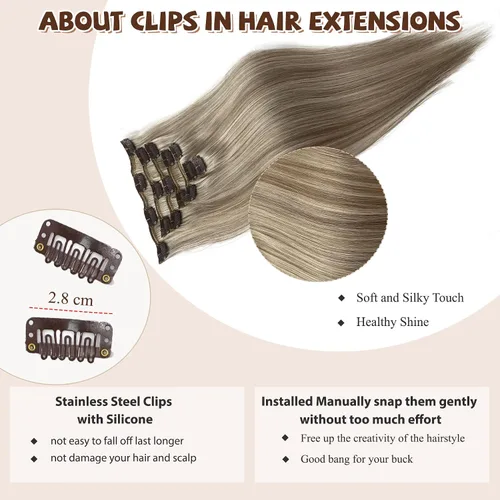 Miniatura 4 de Extensiones de cabello humano real con clip, de 12 pulgadas, para mujer, color rubio plateado, balayage, 2.47 oz, 7