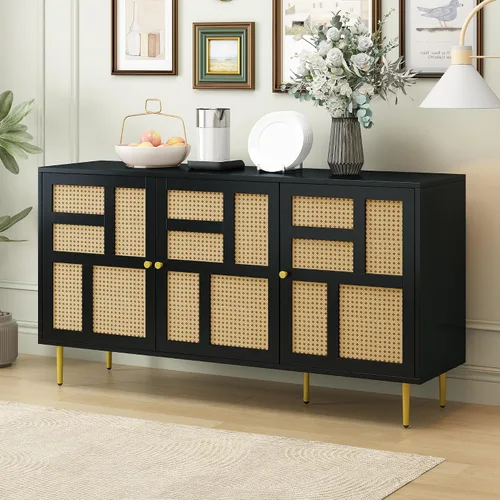 Miniatura 3 de KLMM Armario de almacenamiento moderno con puerta de ratán y estantes ajustables, soporte de TV para televisores de hasta 55 pulgadas, mesa consola